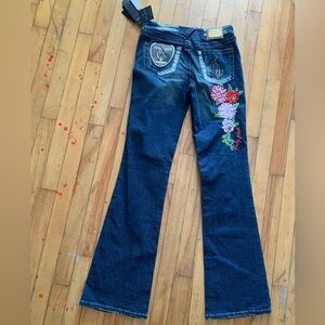 Vintage y2k baby phat nwt Embroidered Floral Blue flare
 Jeans low waisted boho